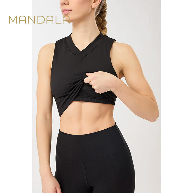 Mandala Cropped V-Neck - black